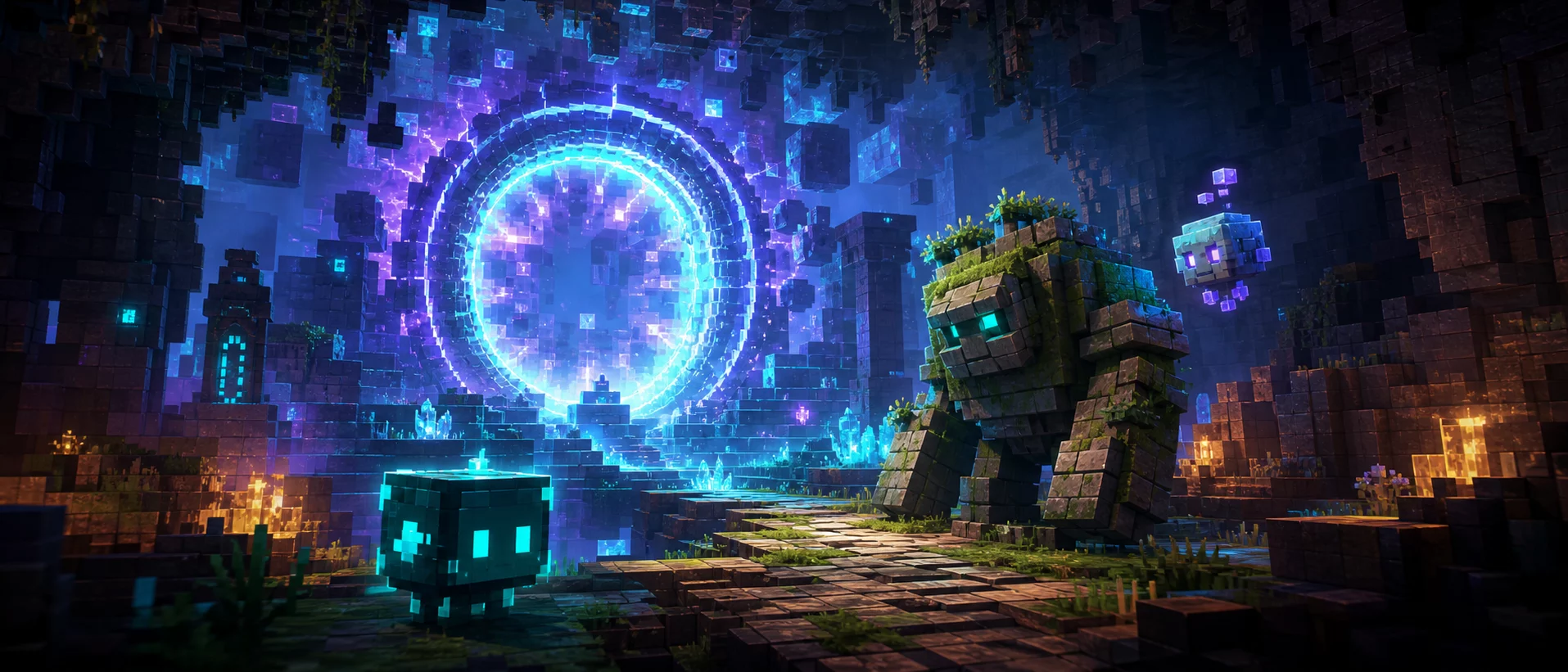 A glowing time portal inside the TimeParadox voxel universe